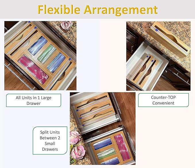 Incredinest Bamboo Drawer Organizer Bag Holder – Modular Design Zip Lock Bag Organizer Plastic Wrap Dispenser with Cutter – Baggie Organizer for Drawer with Single and Double Wrap Dispenser