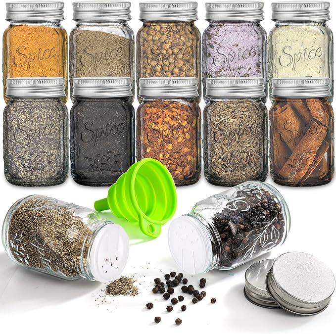 Coloch 30 Pack 4 Oz Glass Mason Spice Jar with Shaker Lids& Labels, Empty Spice Bottle with Airtight Metal Caps and Collapsible Funnel for Herbs & Spices