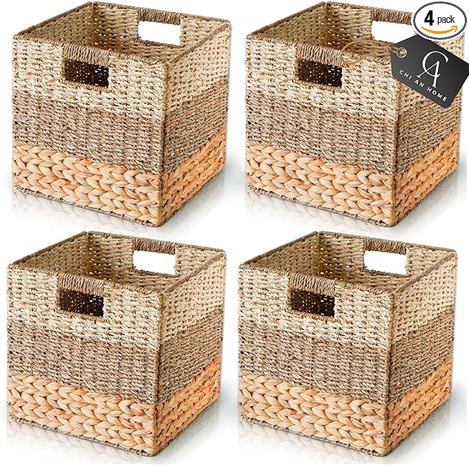 12x12 Storage Cube Bins Wicker Storage Basket for Cube Shelf, Natural Foldable Square Baskets for Storage, Large Woven Cube Storage Bin with Handle, Baskets for Pantry, Bedroom Set of 4