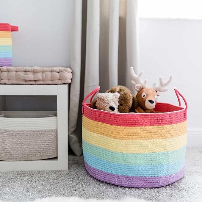 OrganiHaus Rainbow Blanket Basket for Classroom & Nursery, Extra Large Woven Laundry Basket W/Handles, Kids Toy Organizer & Storage, Soft Round Dog Toy Storage Bin, Cute Bin - 20"x13" in
