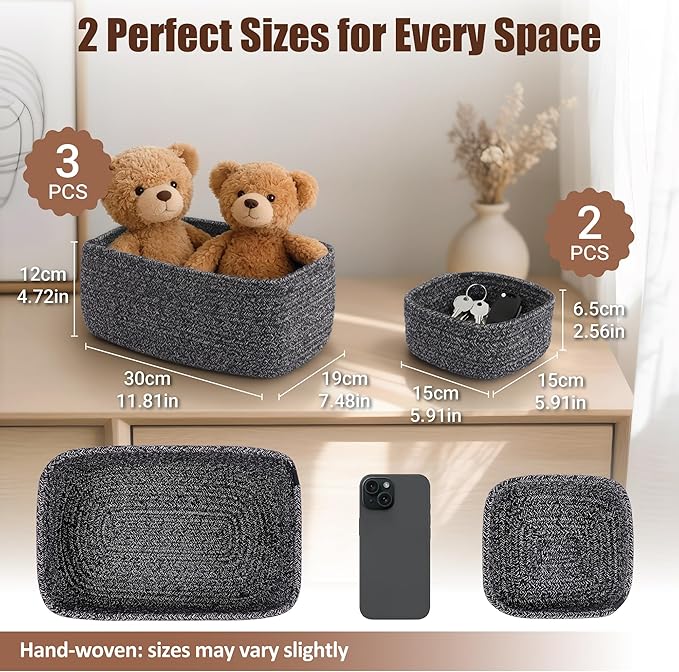 5-Pack Small Woven Rope Storage Baskets – 2 Sizes Organizer Bins for Closet, Shelf, Bookshelf, Nursery, Changing Table, Fabric Cube Boxes, Rectangular Shallow Bins for Bathroom, Toy & Home