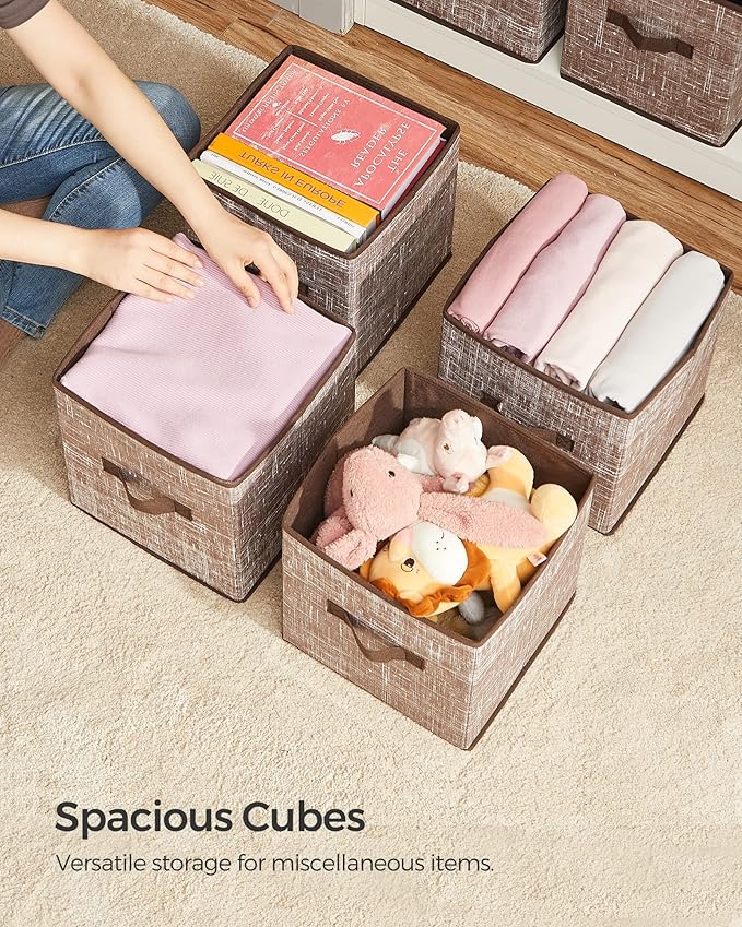 SONGMICS Storage Cubes, 11-Inch Non-Woven Fabric Bins with Double Handles, Set of 6, Closet Organizers for Shelves, Foldable, for Clothes, Walnut Color UROB026K02