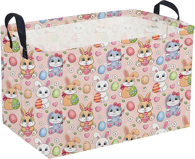 Sanjiaofeng Rectangular Easter Basket Eggs Storage Bins,Cute Storage Basket with Handles.Clothers,Books,Kid's Gifts Bins. (Pink eggs)