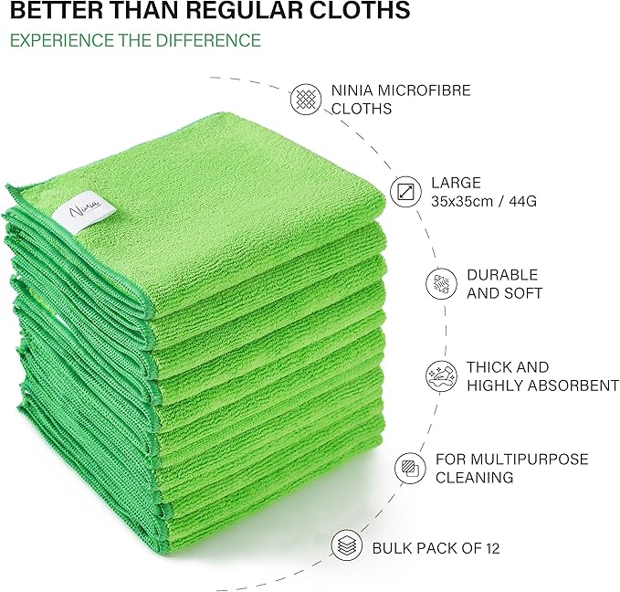 Ninia Microfiber Cleaning Cloths, 12 Pack Green 35x35cm, 350 GSM Thick & Absorbent, Lint-Free & Scratch-Safe Towels for Kitchen, House, Car, Glass & Electronics