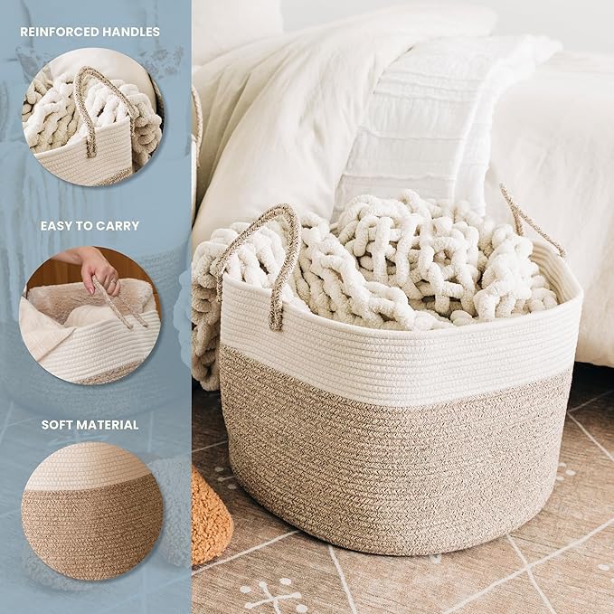 OrganiHaus Large Woven Storage Basket for Blankets and Toys 20" x 13" Inch, Rope Laundry Basket with Handles, Cushions & Pillows Storage Bin, Nursery Hamper, Soft Round Dog Toy Bin - Brown/Off-White