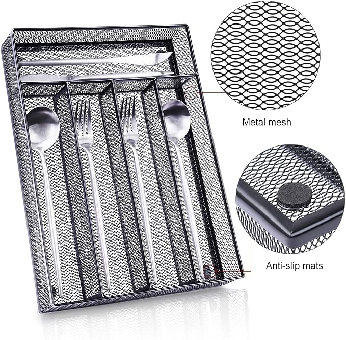 WuGeShop Silverware Drawer Organizer Black, Kitchen Drawer Organizer Metal Mesh Utensil Tray Non-Slip Cutlery Tray, 5 Compartments