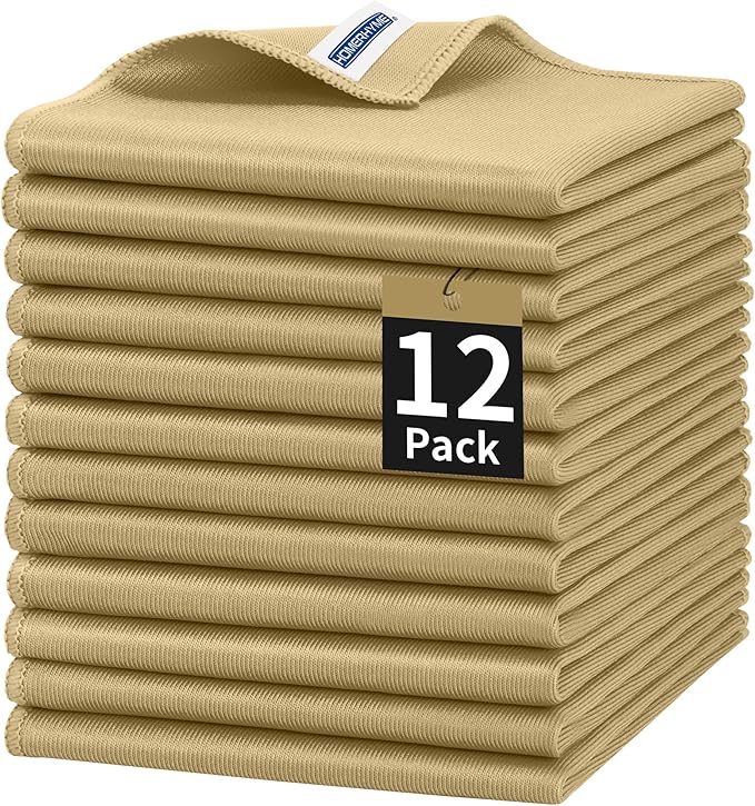 HOMERHYME Microfiber Cleaning Cloth, 12 Pack Window Glasses Cleaning Cloth, Reusable Lint-Free Streak Free Polishing Cloth Wipes for Stainless Steel, Eyeglass, Mirror, Screen & Lense,12"*12" Beige