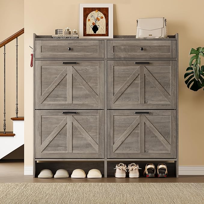 BORNOON Shoe Storage Cabinet for Entryway, Farmhouse Wide Shoe Cabinet with 4 Flip Drawers and 2 Top Drawers, Freestanding Organizer with Adjustable Shelves, Hooks, and Anti-Tip Kit for Hallway