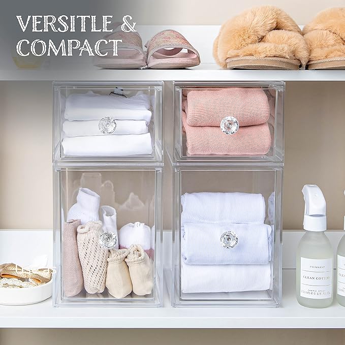 Oizeir Clear Drawer Organizers - Acrylic, Durable, Stackable, Pull-Out Drawer. Great for Medicine, Cosmetics, Makeup and Bathroom Organization. (8" High | 2-PACK)