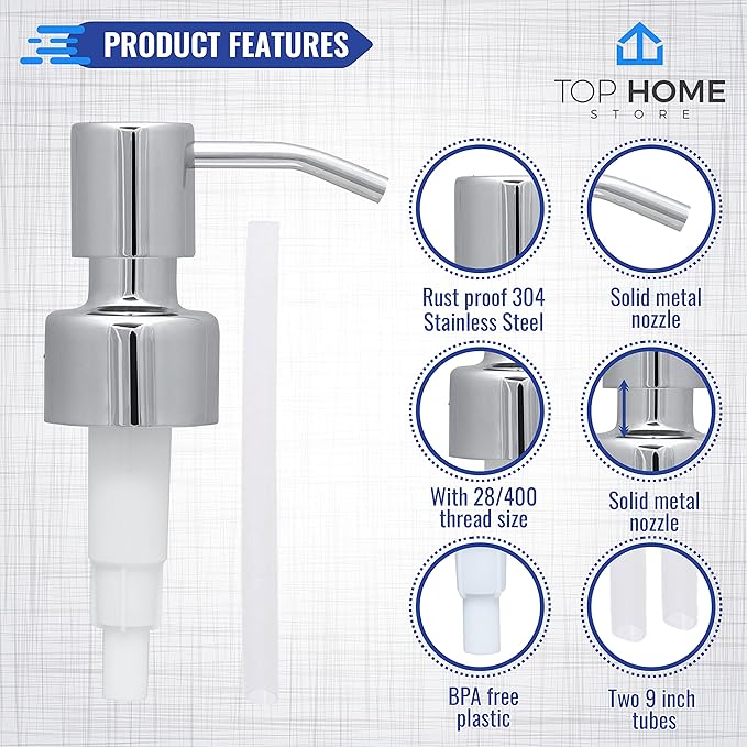 Stainless Steel Soap and Lotion Dispenser Pumps, Replacement for Your Bottles (Chrome, 2 Pack)