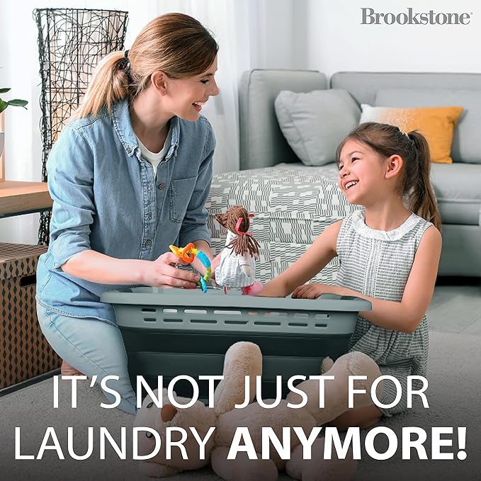 BROOKSTONE 11 GALLON XL 24" Collapsible Laundry Basket & Clothes Hamper, Comfort Non-Slip Handles, Modern Laundry Hamper with Space Saving Design, Portable Pop-Up Hamper, BPA FREE, Grey, 1 Pack