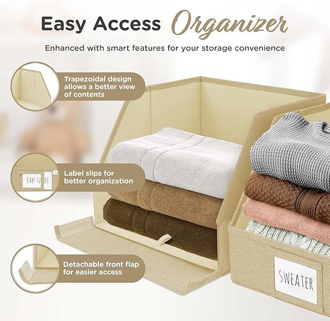 VIVIDECOR Trapezoid Storage Bins – 3-Pack Closet Shelf Organizer & Baskets, Open Front Bin for Shelves, Foldable Fabric Basket for Clothes, Cube Storage Bins, Towel, Clothing Shelf (Beige, 3 Pack)