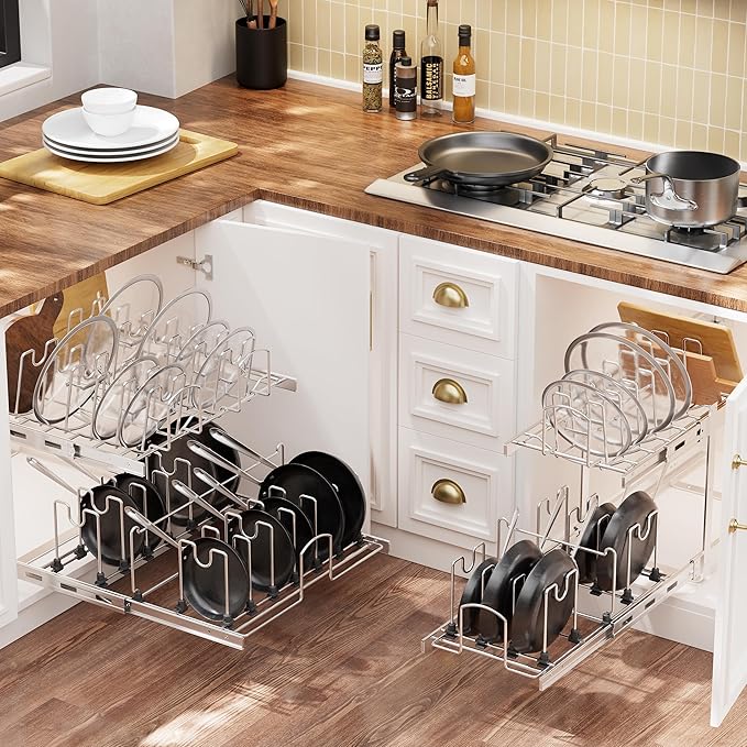 2-Tier Kitchen Pull out Cabinet Organizer for Pots, Pans, and Lid Cookware, Adjustable Heavy Duty Wire Pan and Pot Rack, Full-Extension Rail 12" W *22" D
