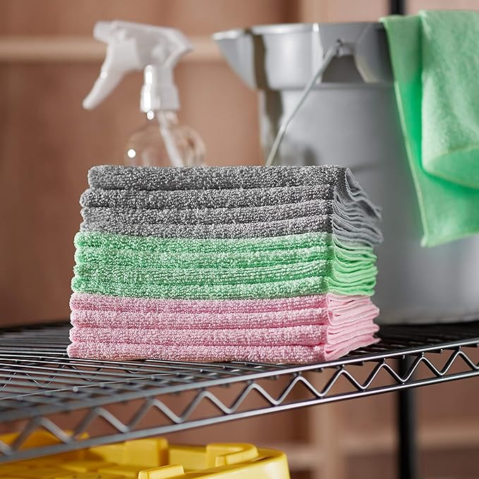 Amazon Basics Microfiber Cleaning Cloths, Non-Abrasive, Reusable and Washable, Pack of 36, Green/Gray/Pink, 16" x 12"