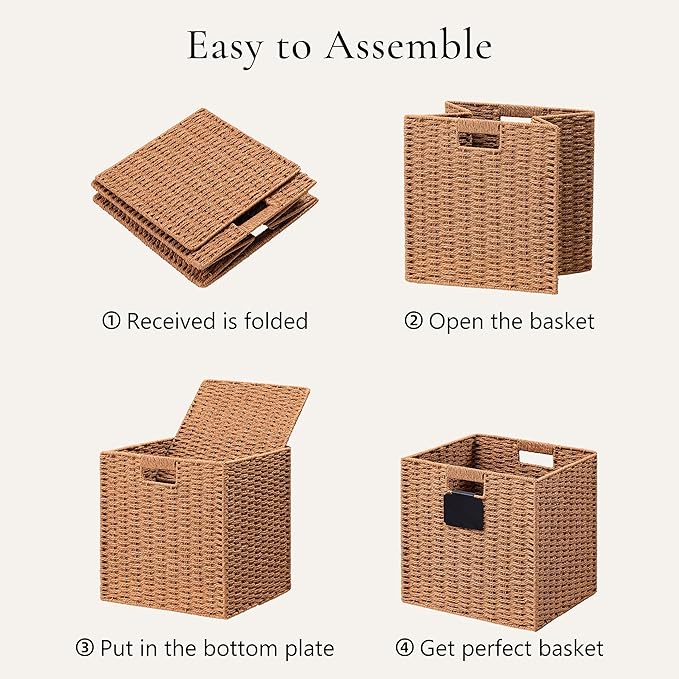 UBBCARE 4 Pack Wicker Basket, 13×13 Storage Cubes with Label, Foldable Cube Storage Bin with Handle, Square Storage Basket for Shelves, Woven Paper Rope Basket for Organizing, Caramel