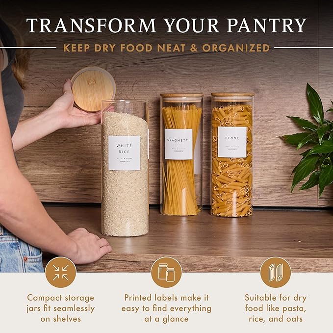 Livabl Set of 3 Glass Pantry Storage Containers with Lids- 12 Pantry Labels– (70oz) Glass Canisters with bamboo lids-Perfect Rice, Cereal, Flour, Pasta, Oats, food storage -Airtight-kitchen canisters