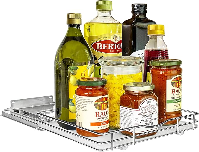 LYNK PROFESSIONAL® Pull Out Spice Rack Organizer for Inside Kitchen Cabinets - 12-3/8 inch Wide - Slide Out Drawer – Chrome Sliding Spice Organization for cabinet - Spice Racks - 1 Tier