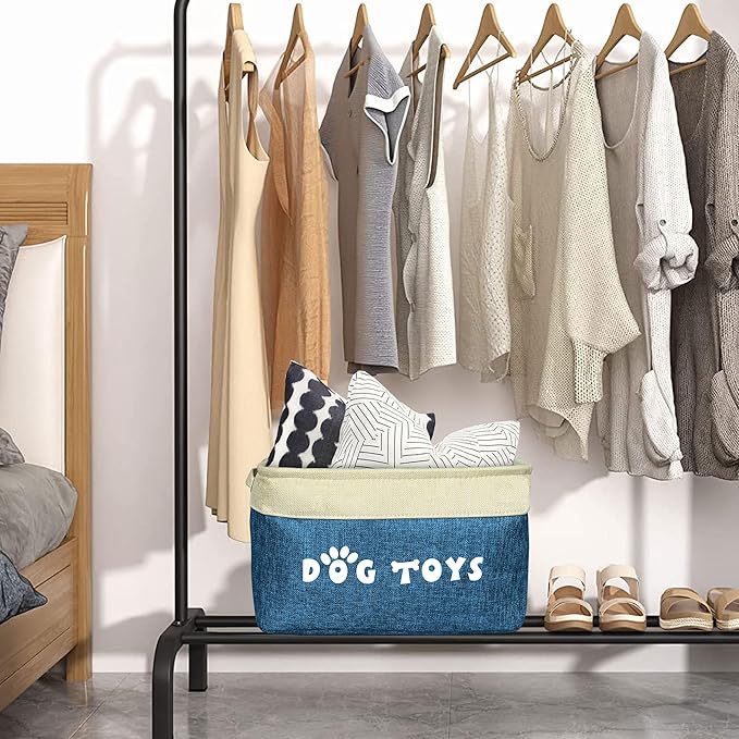 PET ARTIST Dog Toy Basket, Collapsible Dog Toy Bin Box with Comfortable Handles, Large Pet Toy Storage Basket Organizer for Accessories, Toys, Coat & Clothing, Blanket & Leash, Navy Blue, 15"x11"x9"