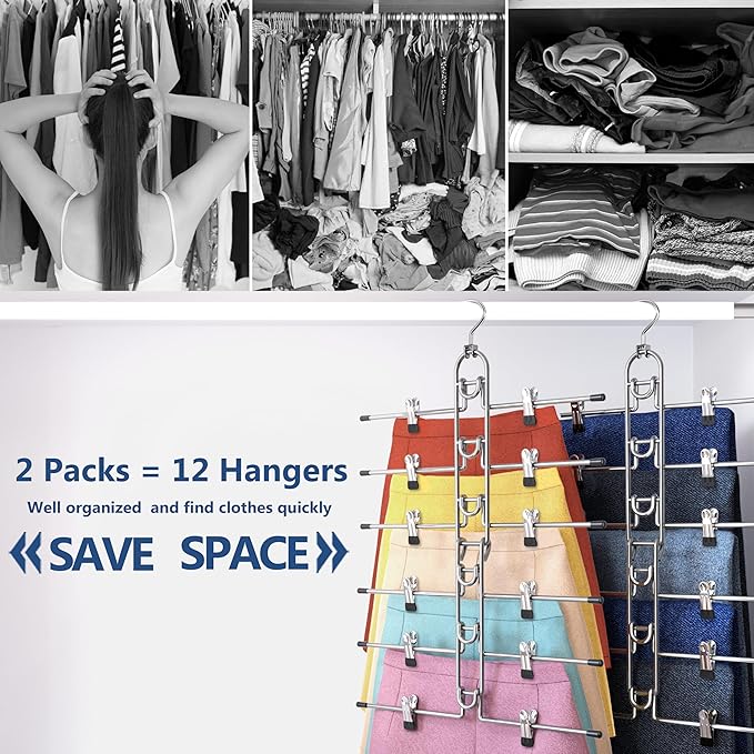 Pants & Skirt Hangers with Clips, Newly Upgraded Detachable - Space Saving Hangers, 6-Tiers Foldable Skirt Hangers for Women - Hanging Closet Organizer and Storage-2pack, Patent Pending