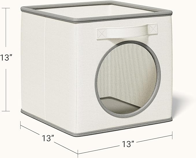 Vailando Foldable Fabric Storage Cube with Round Window - 4 Pack 13"x13"x13" Collapsible Closet Organizer Bins for Clothes, Shelves, Offices, Toys & Misc, White & Ivory