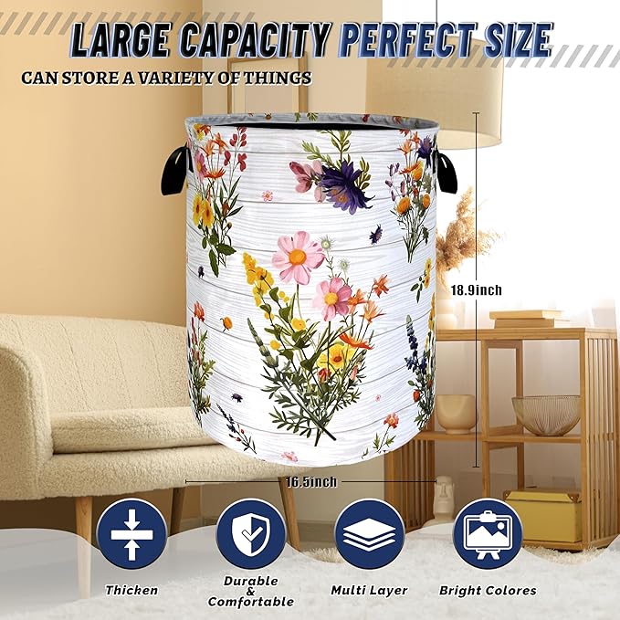 Hawaii Flowers Laundry Basket Foldable Oxford Cloth Colorful Floral Laundry Hamper With Handle Portable Clothes Storage Organizer Basket 18.9"x16.5" Storage Bag For Laundry Room/Bedroom/Dormitories