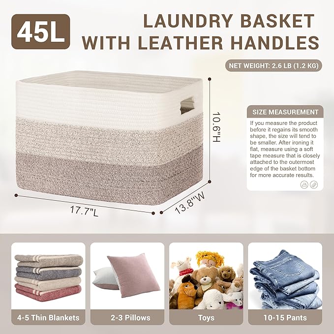 45L Small Laundry Basket with Leather Handles for Living Room Storage, Woven Rope Baskets Bin for Blanket, Kids Toy, Gifts, Wicker Hamper for Bedroom Dirty Clothes, 18"x14"x11" Gradient Brown