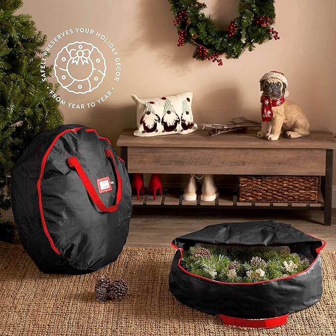 ZOBER 2 Pack Oxford Christmas Wreath Storage Container 36 Inch - Wreath Bag for Artificial Wreaths Box - Waterproof Fabric, Dual Zippered Wreaths Storage Bag With Strong Durable Handles - Black