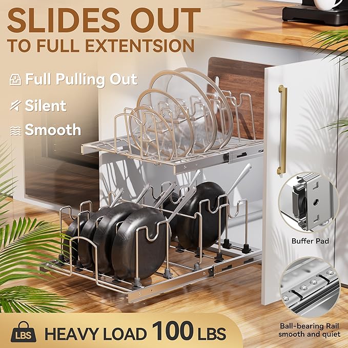 2-Tier Kitchen Pull out Cabinet Organizer for Pots, Pans, and Lid Cookware, Adjustable Heavy Duty Wire Pan and Pot Rack, Full-Extension Rail 21" W *22" D