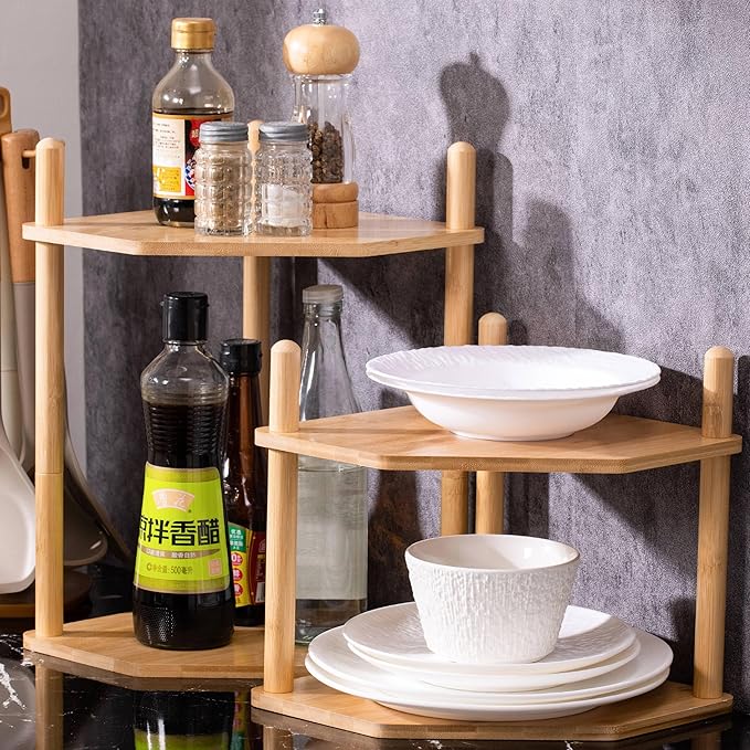 2-Tier Expandable Bamboo Corner Shelf - Dish/Plate Organizer for Cabinet, Kitchen Counter Shelf & Small Kitchen Shelf, Adjustable(1, 11.4" H)