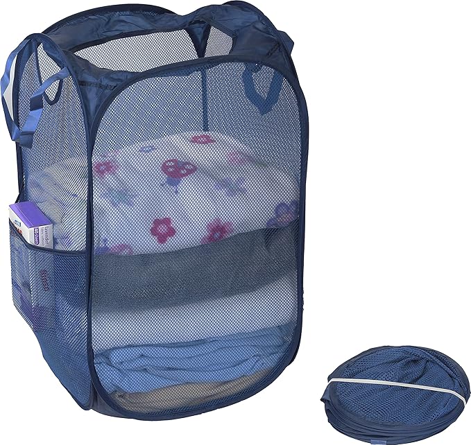 Simple Houseware Mesh Pop-Up Laundry Hamper Basket with Side Pocket, Dark Blue - 2 Pack