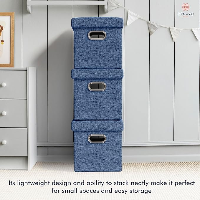 Ornavo Home 12 Inches Small Storage Ottoman with Handles, Foldable Collapsible Cube Square Linen Ottoman Foot Rest Stool Seat, for Living Room, Bedroom, Home Office, Dorm, Navy Blue