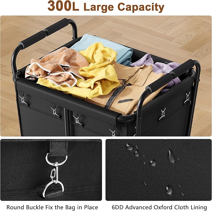Hoctieon Large Laundry Cart with Wheels, 300L Heavy Duty Laundry Basket Organizer, Rolling Hamper Sorter for Clothes Storage, Industrial Dirty Clothes Hamper for Home & Hotel, Black