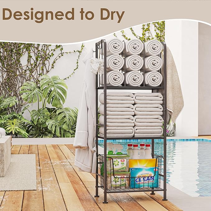 Standing Towel Racks for Bathroom 3-Tier, Durable Metal Towel Rack Stand, Pool Items Holder, M-Shaped Detachable Dividers for Towel Storage, Space-Saving Storage Organizer Black, Patent Pending