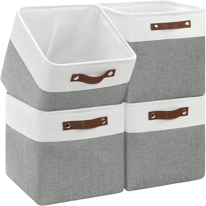 4-Pack Foldable Fabric Storage Cubes 11x11 Inch, Sturdy Cube Organizer Bins with Leather Handles, Storage Baskets for Closet Shelves and Home Organization(White/Gray)