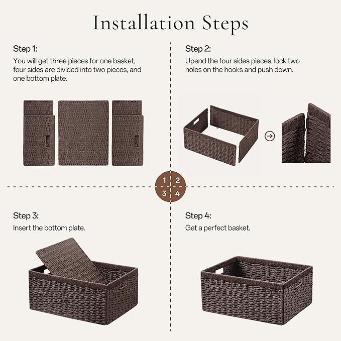 UBBCARE 3 Pack Wicker Basket, 13.4L×8.3H×7.1W inch Woven Paper Rope Storage Baskets for shelves, Foldable Rectangular Storage Baskets with Handle, Storage Basket for Organizing, Dark Brown