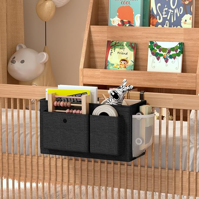 Bedside Caddy Bedside Organizer with Fixed Straps & Water Bottle Holder, Bunk Bed Caddy ideal for Home, Dorm, Hospital, Crib, Versatile Bedside Storage Solution (Black 2pcs)