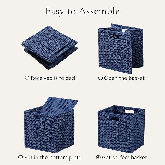 UBBCARE 3 Pack Wicker Basket, 11L×11H×10.5W inch Woven Paper Rope Storage Baskets for shelves, Foldable Cube Storage bin with Handle, Storage Basket for Organizing & Decor, Navy Blue