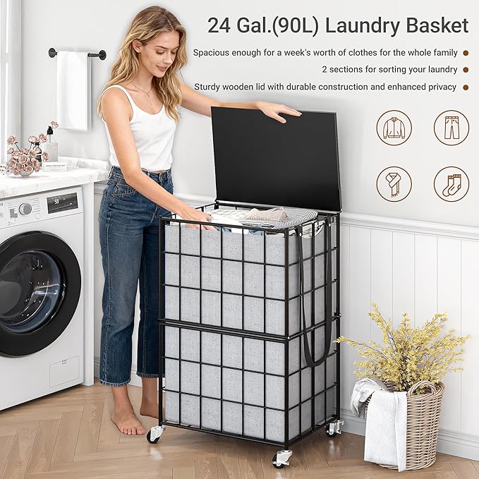 90L Laundry Basket with Wheels, Large Capacity Laundry Hamper with Removable Liner Bags, Heavy Duty Laundry Sorter with Solid Wood Lid & Leather Handles (Grey) TLH001G01