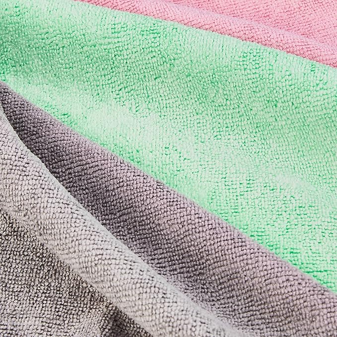 Amazon Basics Microfiber Cleaning Cloths, Non-Abrasive, Reusable and Washable, Pack of 48, Green/Gray/Pink, 16" x 12"