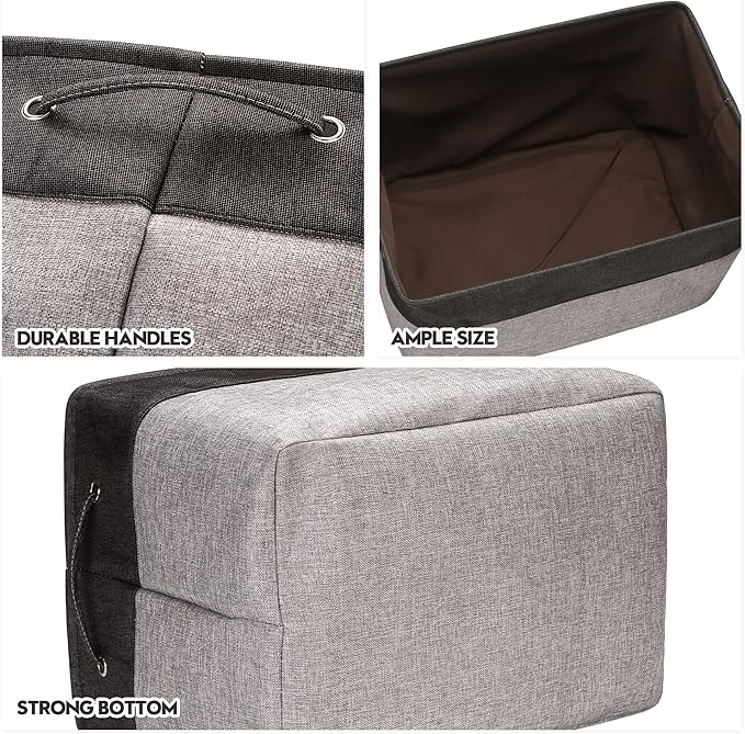 Sea Team 3-Pack Extra Large Storage Basket Set, Trunk Organizer, Clothes Toys Bin, 22 x 15 x 13 Inches, Rectangular Canvas Fabric Collapsible Shelf Box with Handles for Kids Room (Grey/Black)