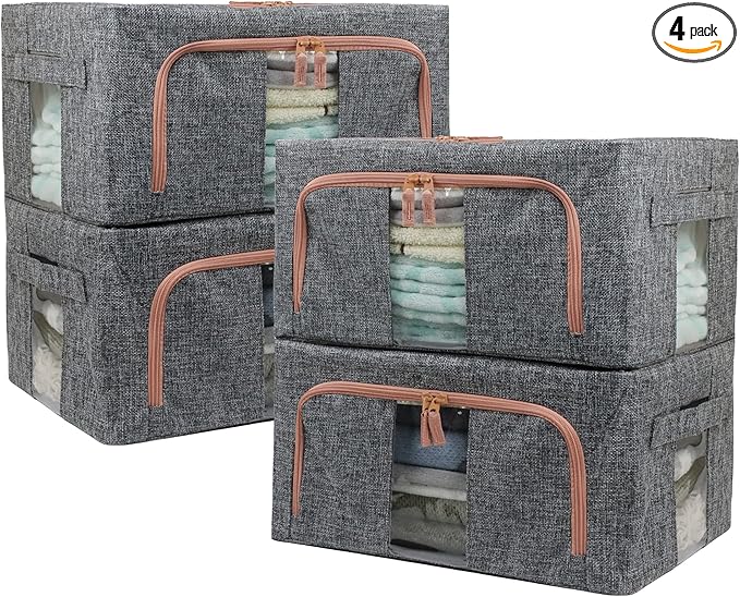 Linen Clothes Storage Bins, 4PCS Sturdy Closet Organizers and Storage Bin with Metal Frame, 2 Opening Ways Fabric Visible Lidded Storage Box for Organizing Clothing,Jeans,Sheets (4PC Gray, 22Liters)