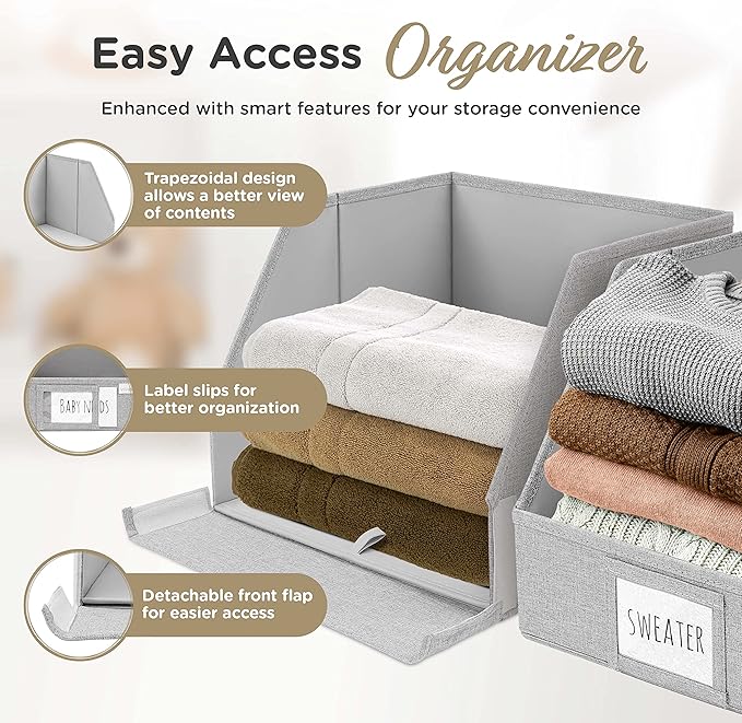 VIVIDECOR Trapezoid Closet Bins for Shelves – 12x12x10 Fabric Storage Baskets, Closet Organizers Bins, Open Front Fabric Baskets, Collapsible Organizer Boxes for Clothes, Linen – Light Gray, 3 Pack