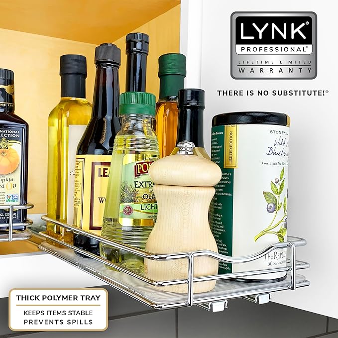 LYNK PROFESSIONAL® Pull Out Spice Rack Organizer for Inside Kitchen Cabinets - 6-3/8 inch Wide - Slide Out Drawer – Chrome Sliding Spice Organization for cabinet - Spice Racks - 1 Tier