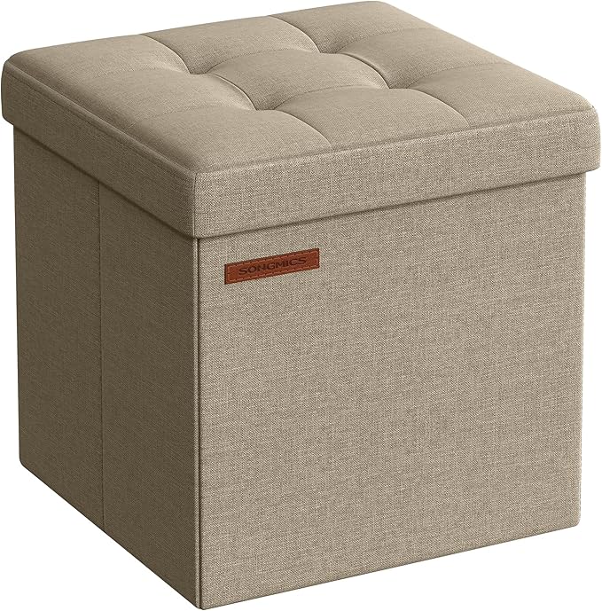 SONGMICS Storage Ottoman, Foldable Small Ottoman Foot Rest, 11.8 Inches Foot Stool, Cube Ottoman with Storage, Load up to 286 lb, for Living Room, Bedroom, Dorm, Camel Brown ULSF028K01