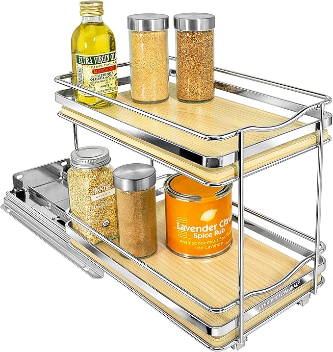 LYNK PROFESSIONAL® Élite™ Pull Out Spice Rack Organizer for Inside Kitchen Cabinets - 6-3/8 inch Wide - Slide Out Drawer – Wood/Chrome Sliding Spice Organization for cabinet - Spice Racks - 2 Tier