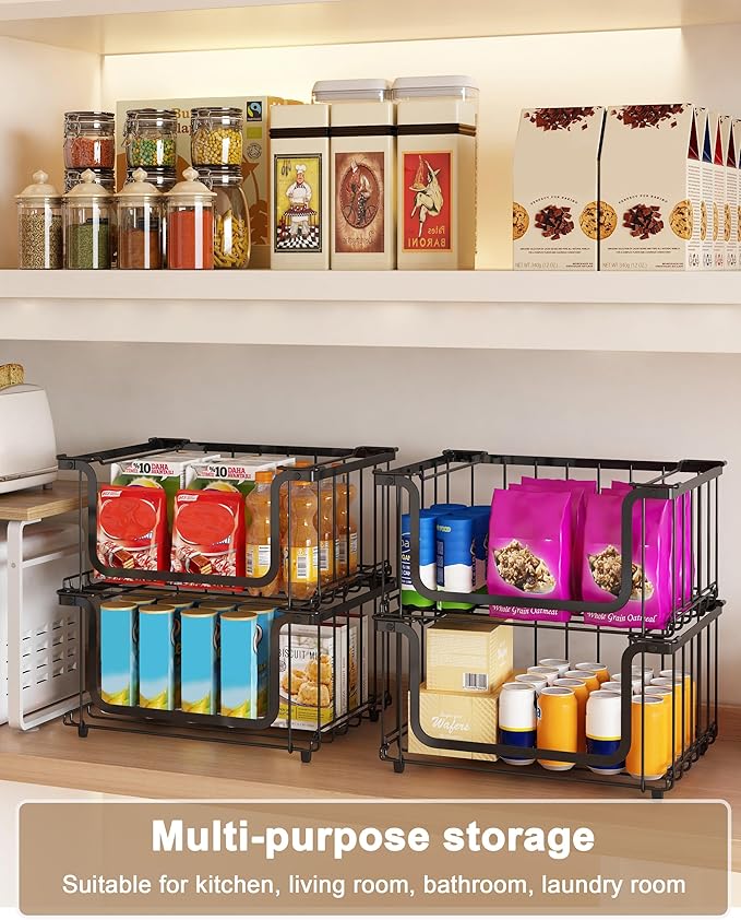 UMDONX 4 Pack Stackable Wire Baskets Storage Bins for Fruits, Vegetables, Potatoes & Onions | Pantry, Countertop, Laundry Organizer | Heavy Duty & Space Saving Black