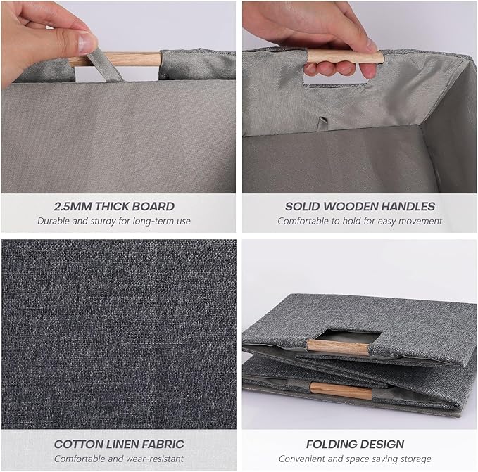 Fabric Storage Bin Box Foldable Collapsible Storage Basket with Wooden Handles Rectangular Cube Decorative Home Nursery Organizer Clothes Blanket Container – Grey, Medium