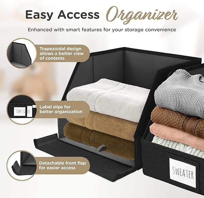 VIVIDECOR Trapezoid Closet Bins for Shelves – 12x12x10 Fabric Storage Baskets, Collapsible Organizer Boxes for Bedroom, Jeans, Sweaters– Black, 3 Pack