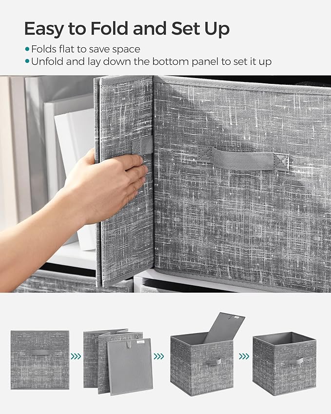 SONGMICS Storage Cubes, 11.8-Inch Non-Woven Fabric Bins with Double Handles, Set of 6, Closet Organizers for Shelves, Foldable, for Clothes, Cattail Gray UROB030G01