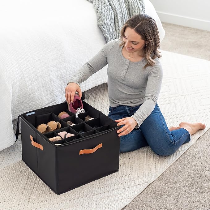 OrganiHaus Shoe Organizer for Closet and Entryway, Fits up to 16 Pairs, Large Shoe Storage Box, Collapsible Shoes Storage Bin, Shoes Container w/Reinforced Handles and Clear Cover - Black